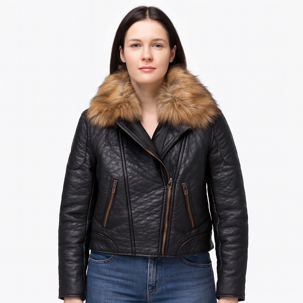 Marc New York Black Faux Leather Vegan Moto Jacket with Faux Fur Collar